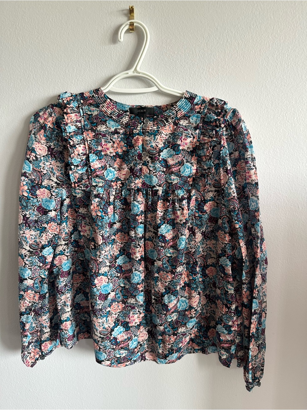J.Crew Floral Paisley Ruffle Blouse Small Cotton Silk Long Sleeve Boho